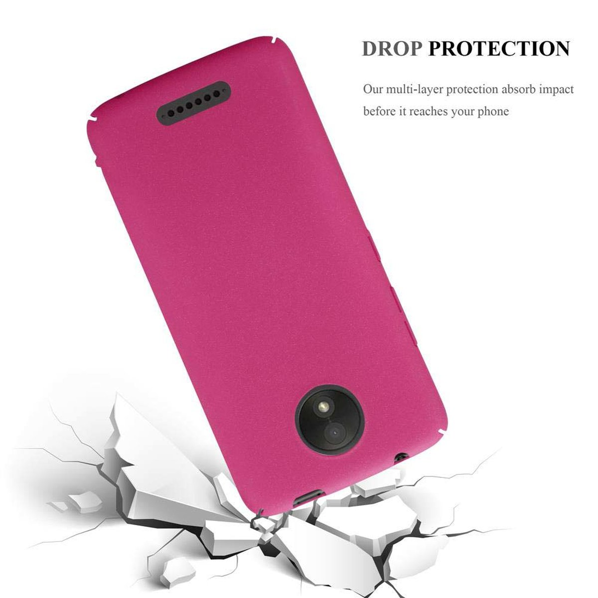 Custodia rosa per telefono che cade su una superficie, con testo 'Drop Protection'.