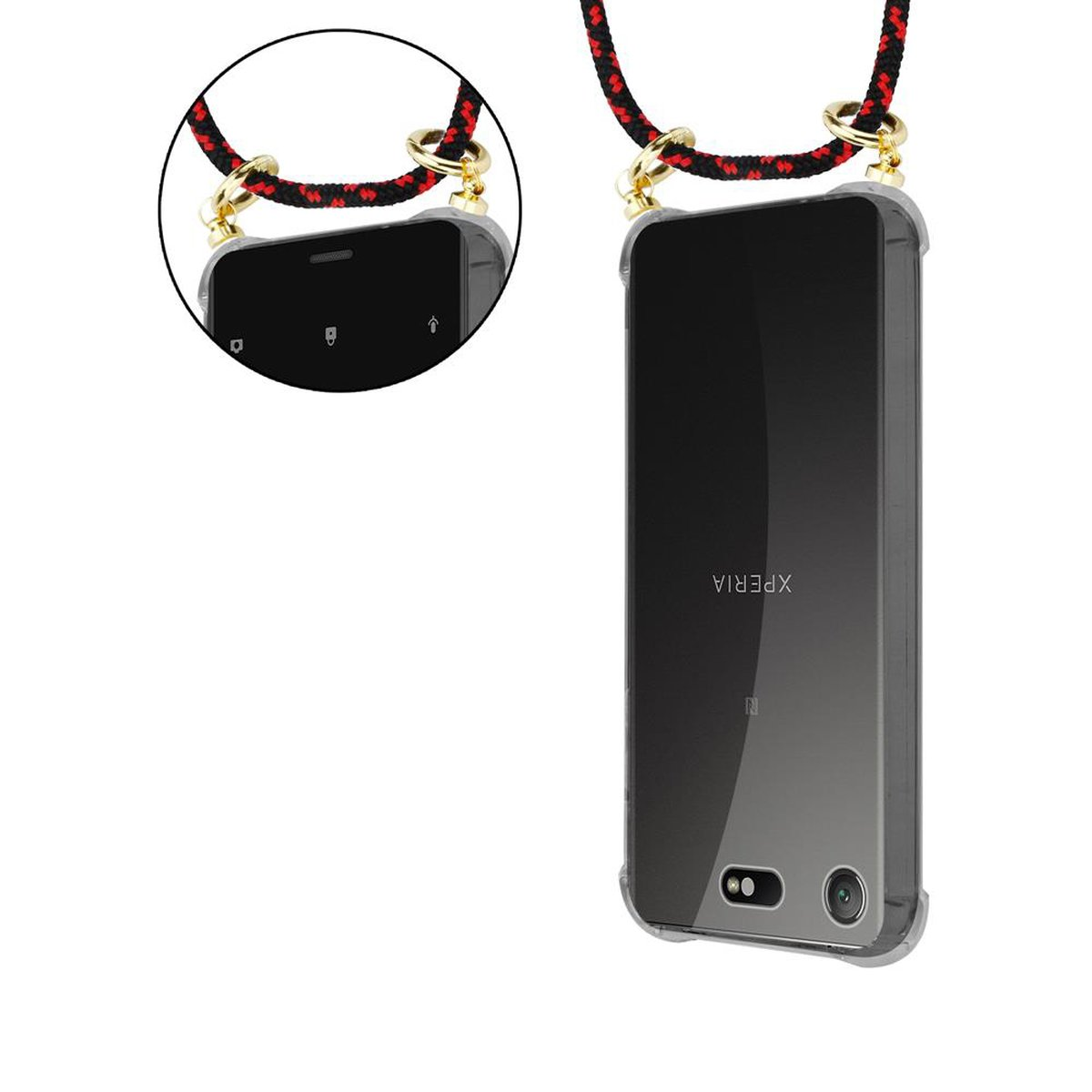 Handyhülle mit Kordel, um ein Telefon. Klare Hülle mit schwarzem und rotem Kabel.