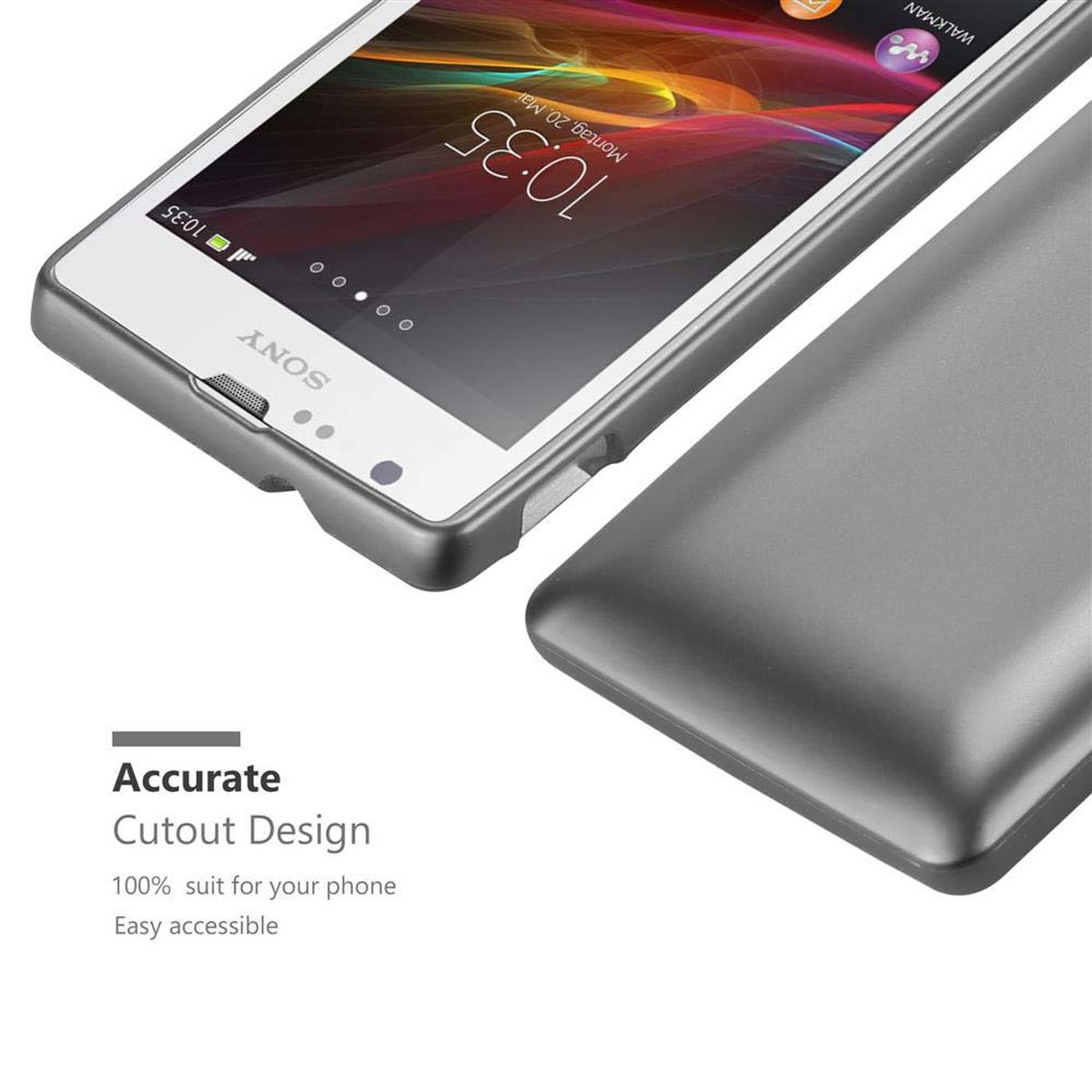 Un teléfono plateado con una funda y una cubierta desprendida. El texto dice 'Accurate Cutout Design'.