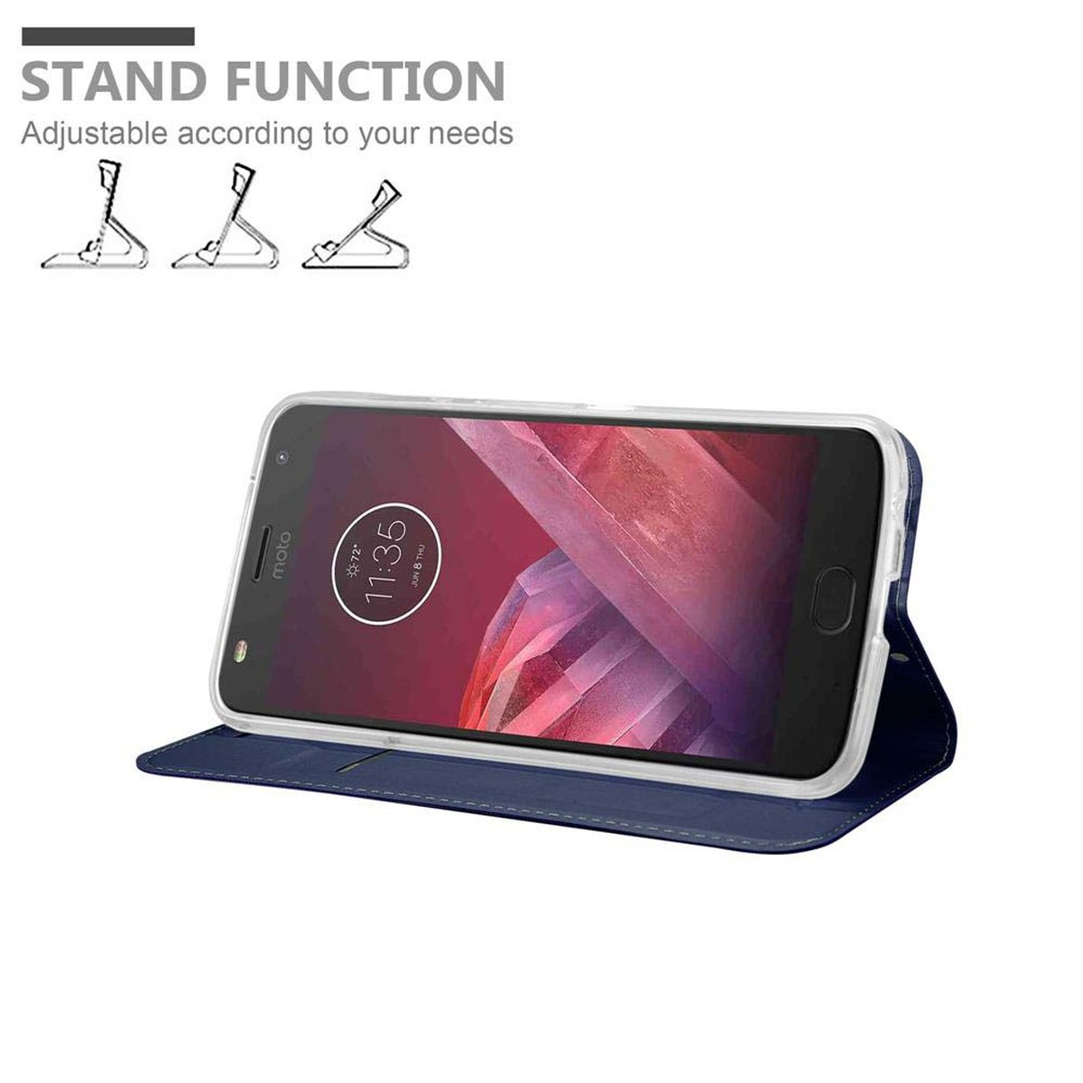 Teléfono en funda, abierto para mostrar la pantalla. Texto: 'Stand Function'. Fondo blanco.