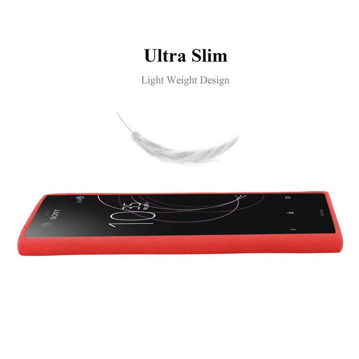 Custodia rossa per telefono su sfondo bianco. Grafica piuma sopra. Testo: Ultra Slim, Light Weight Design.