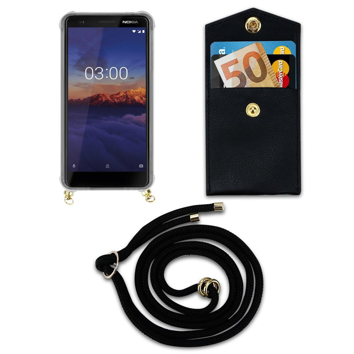 CADORABO Handy Ringen, abnehmbarer und Hülle, SCHWARZ Kordel Nokia, Kette Gold mit 3.1, Band Backcover