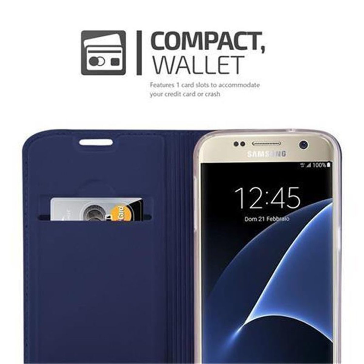 Telefono in custodia blu navy con carta, che mostra la funzione portafoglio compatto.