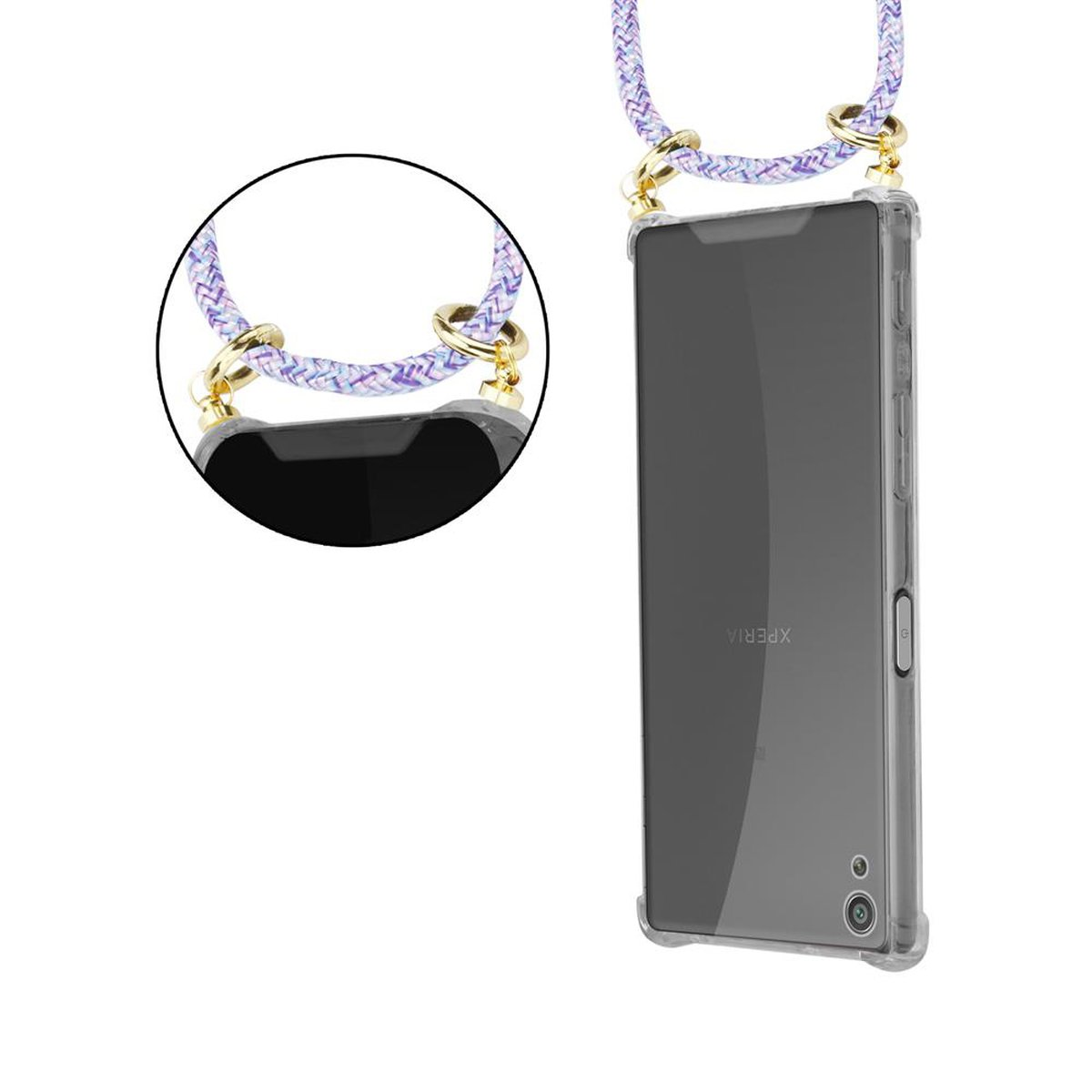 Telefon in durchsichtiger Hülle mit lila Kabel, Nahaufnahme von Telefon und Hüllenanschluss.
