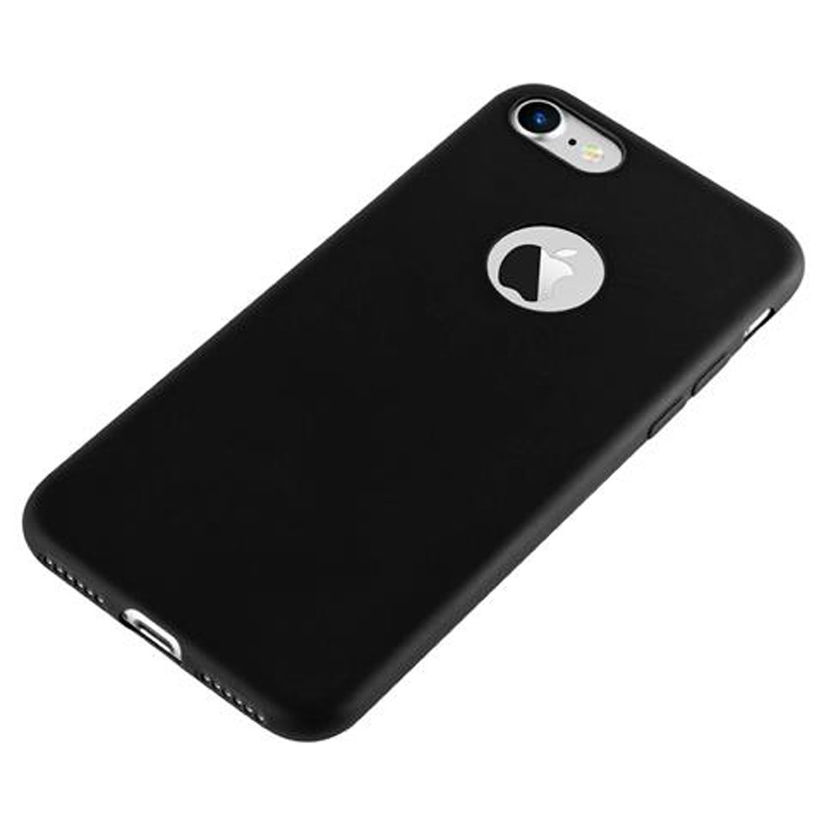 Una custodia nera per iPhone con il logo Apple. La custodia è semplice e liscia.
