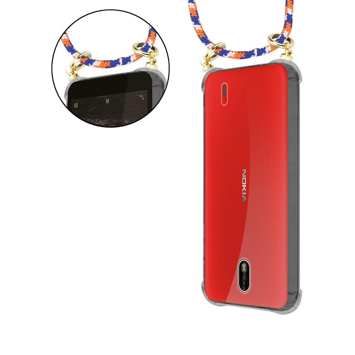 Nokia, Handy Kordel Backcover, Kette ORANGE Gold CADORABO 1 abnehmbarer Hülle, Ringen, BLAU WEIß 2018, mit Band und