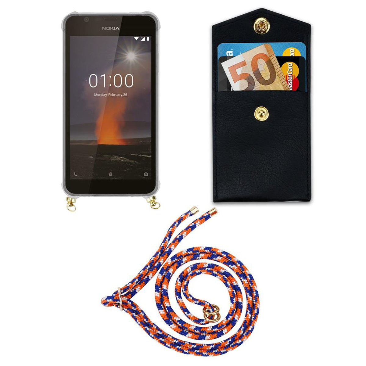 Handy Gold und Ringen, Nokia, mit Band WEIß Kette Hülle, 1 abnehmbarer Kordel 2018, ORANGE CADORABO Backcover, BLAU