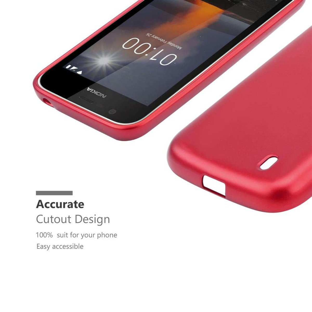 Rotes Telefon mit roter Hülle. Text lautet 'Accurate Cutout Design'.