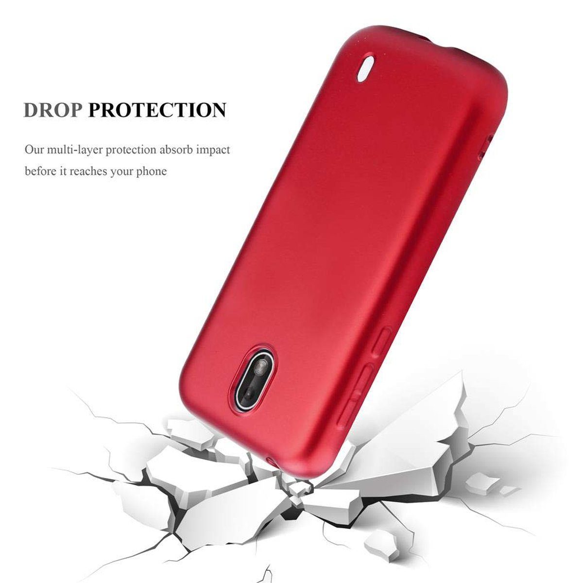 Rote Handyhülle mit Text 'DROP PROTECTION' und weißer zerbrochener Oberfläche auf weißem Hintergrund.