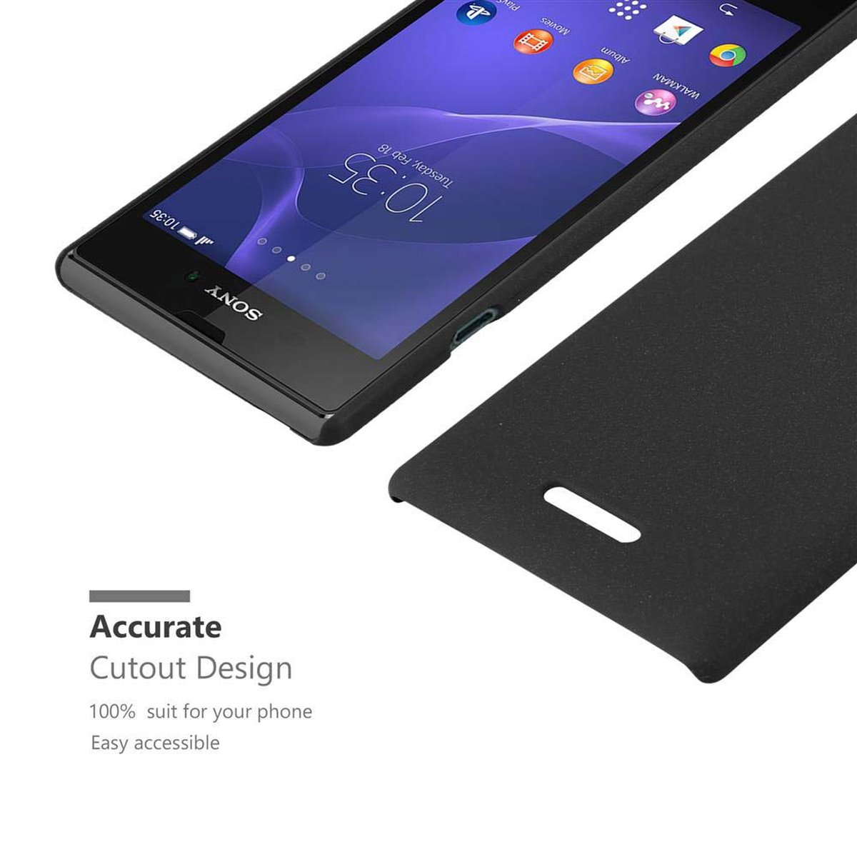 Schwarzes Telefon mit eingeschaltetem Bildschirm neben einer schwarzen Hülle. Text unten links: 'Accurate Cutout Design'.