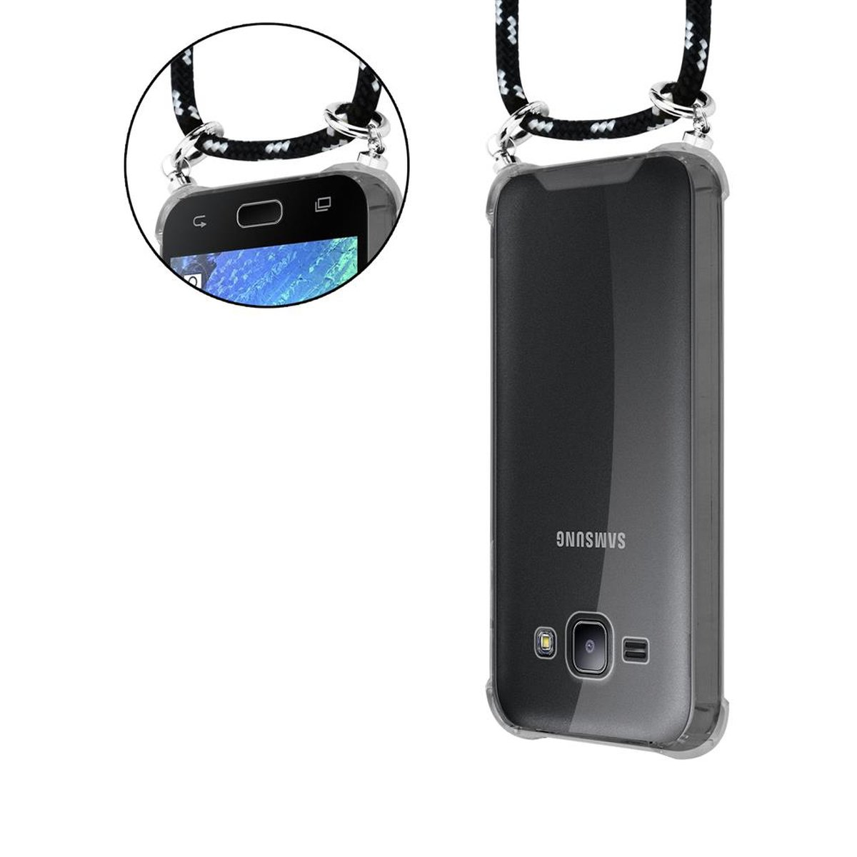 CADORABO Handy Kette mit Silber Ringen, Kordel Samsung, und SCHWARZ J1 Galaxy 2015, Backcover, abnehmbarer Band Hülle, SILBER