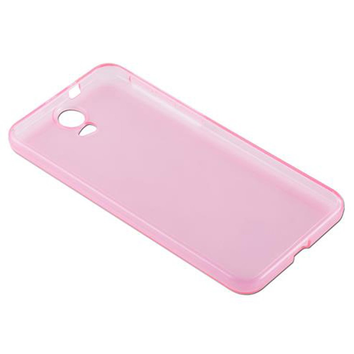 Custodia per telefono rosa su una superficie bianca. La custodia è rosa tinta unita e ha ritagli.