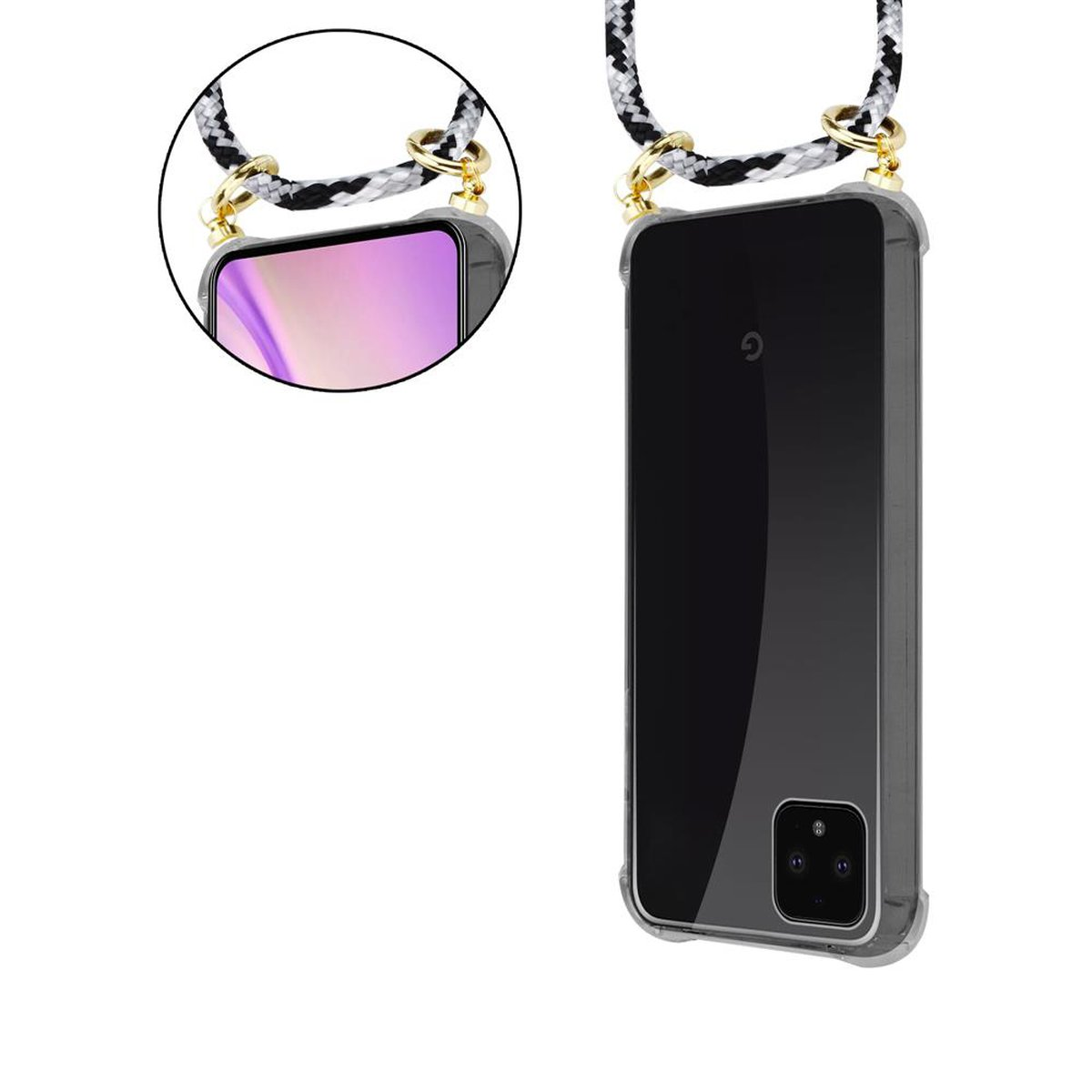 Zwei Telefone mit Lanyard. Die Rückseite des Telefons ist schwarz und transparent, das Lanyard grau und weiß.