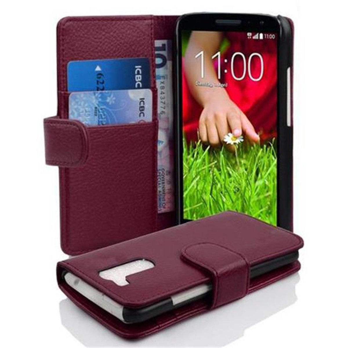Custodia a portafoglio bordeaux aperta, che mostra telefono e carte. Interfaccia utente.