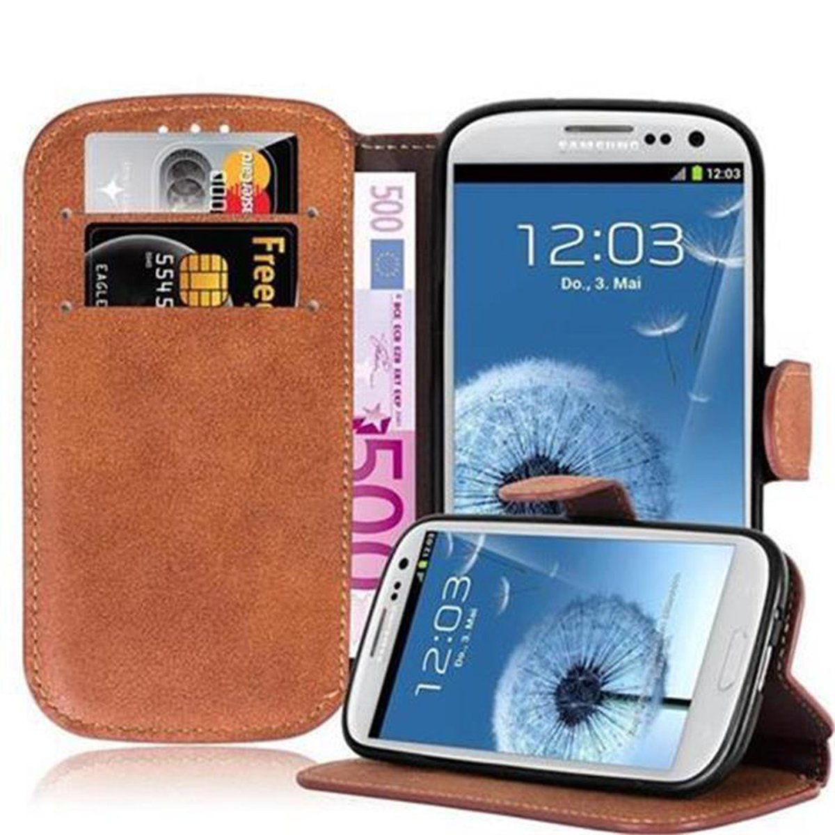 Cartera de cuero marrón con teléfono y tarjetas, el teléfono muestra diente de león.