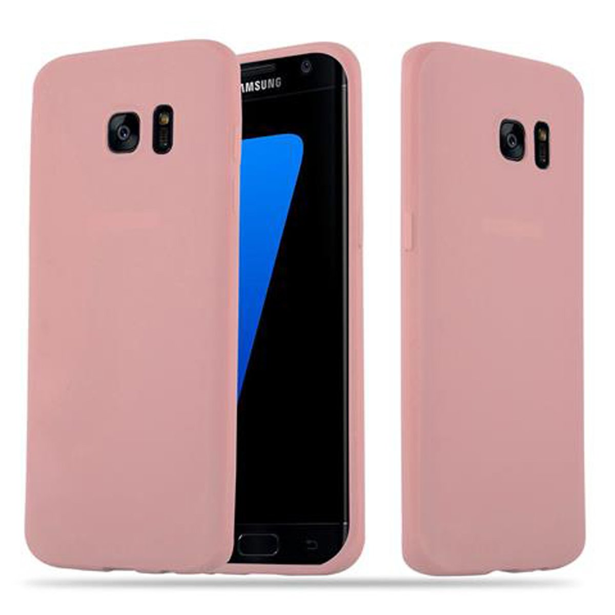 Una funda de teléfono rosa y un teléfono negro. El teléfono tiene una pantalla azul. La funda está abierta.
