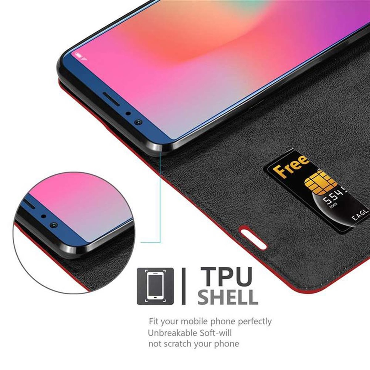 Una custodia per telefono con schermo. Lo schermo del telefono mostra un'immagine colorata. Una scheda SIM è visibile.