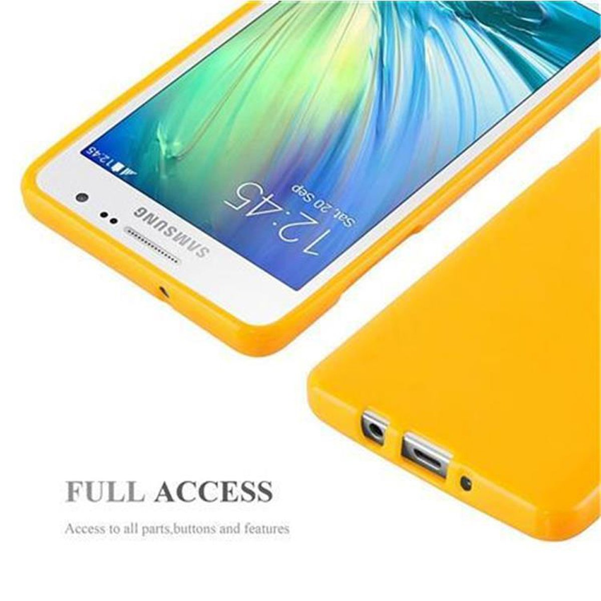 Smartphone giallo con custodia gialla. Il testo "FULL ACCESS" è in basso.