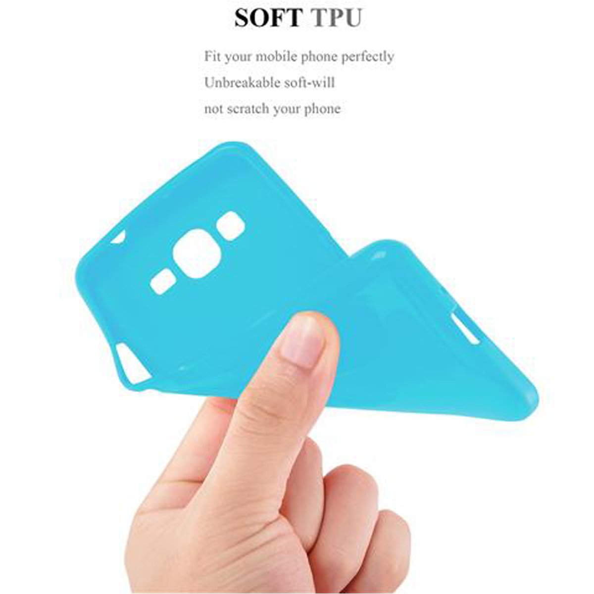 Una mano sosteniendo una funda de teléfono azul claro. Texto: 'Soft TPU'.