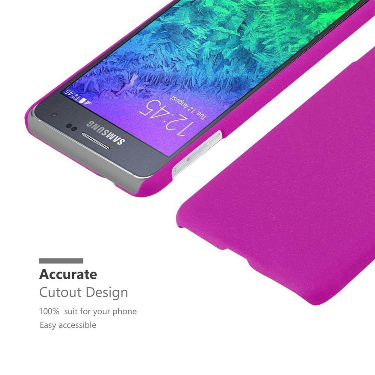 Un teléfono con una funda morada y una funda de teléfono. La pantalla del teléfono muestra la hora 12:45.