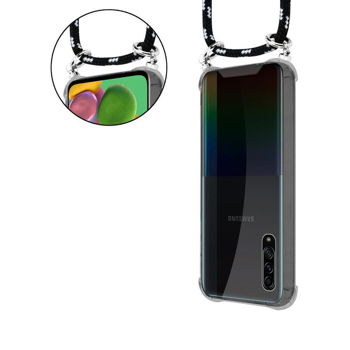 CADORABO Handy Kette mit Silber abnehmbarer Ringen, Hülle, Backcover, Band 5G, Galaxy Kordel SILBER und A90 SCHWARZ Samsung