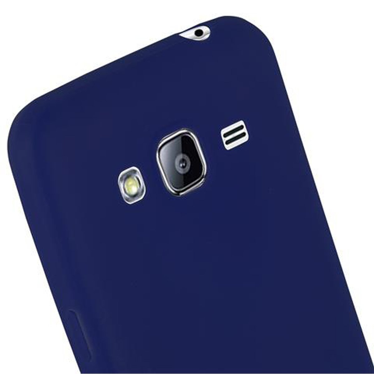 Primo piano del retro telefono blu scuro. Fotocamera, flash e altri piccoli componenti.