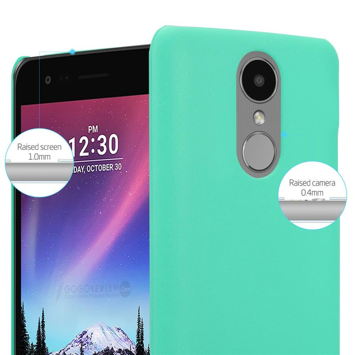 Custodia verde per telefono con telefono. Lo schermo e la fotocamera hanno protezione. Primo piano del telefono e della custodia.