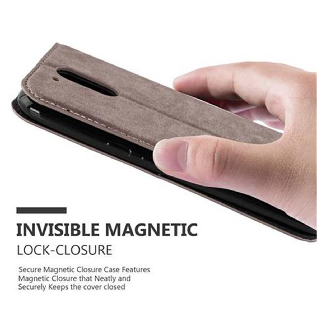Mano sostiene una funda marrón. Texto: Cierre magnético invisible. Funda de cierre magnético seguro.