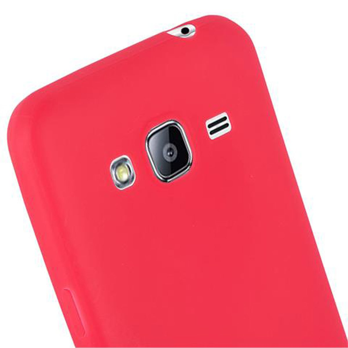 Retro del telefono rosso con fotocamera e flash. È un primo piano.