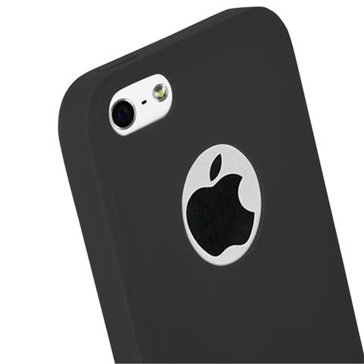 Funda negra para teléfono con el logo de Apple. Primer plano de la parte trasera del teléfono, con cámara y logo.