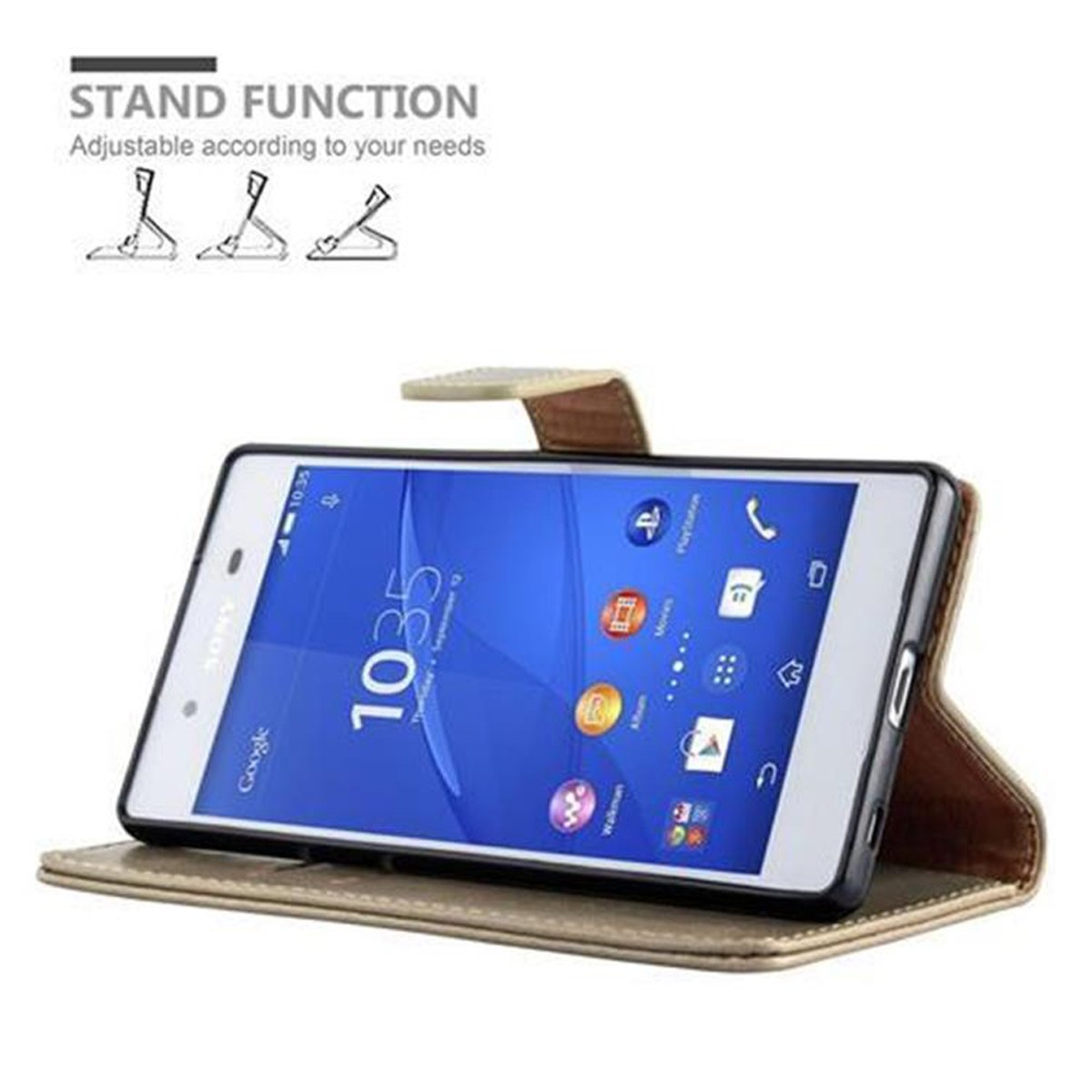 Un telefono in una custodia marrone e beige, con icone della funzione supporto. Il telefono mostra l'ora.