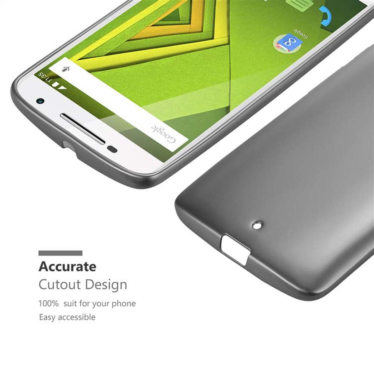 Ein Telefon mit grauem Gehäuse. Der Bildschirm zeigt einen grünen Hintergrund und Google.
