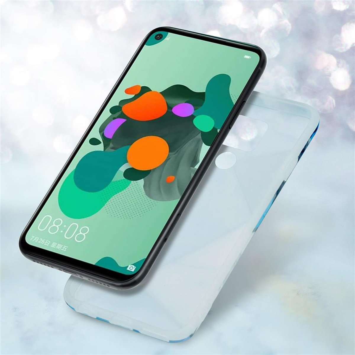 Telefono nero con schermo floreale e custodia trasparente.