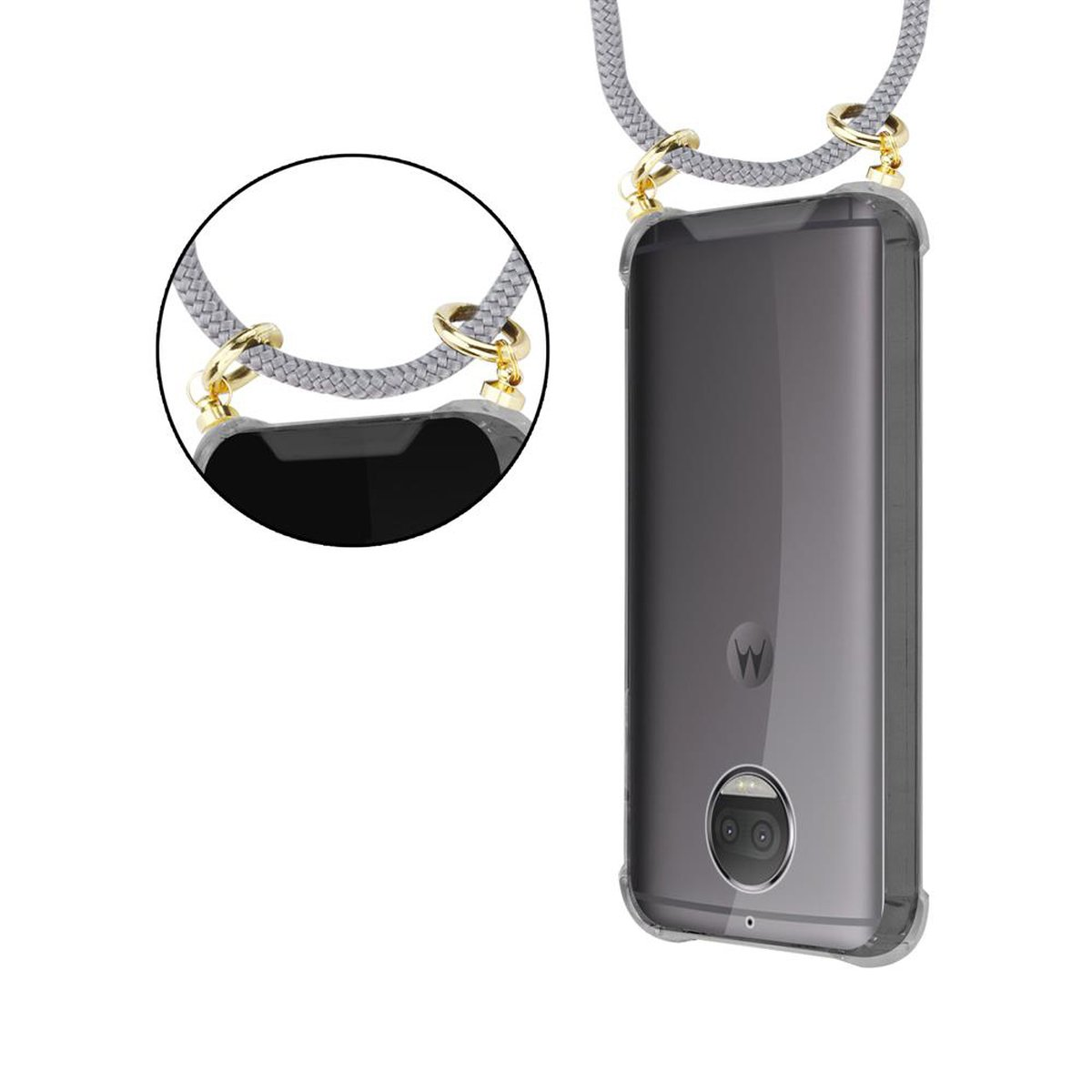 CADORABO Handy Kette mit Gold G5S Kordel GRAU Backcover, abnehmbarer MOTO Hülle, PLUS, SILBER Ringen, Band und Motorola