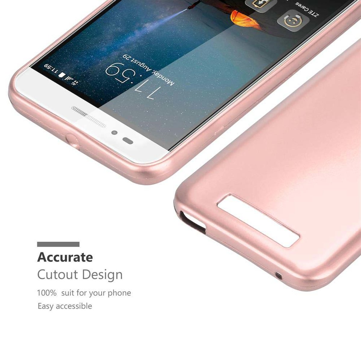 Telefono e custodia oro rosa. Schermo mostra ora e app. Custodia mostra il design.