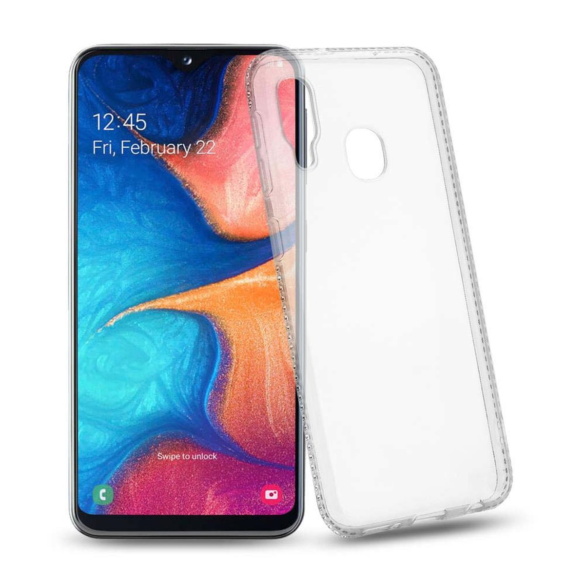 Custodia trasparente sul telefono. Il telefono ha uno schermo blu e viola. Sfondo bianco.