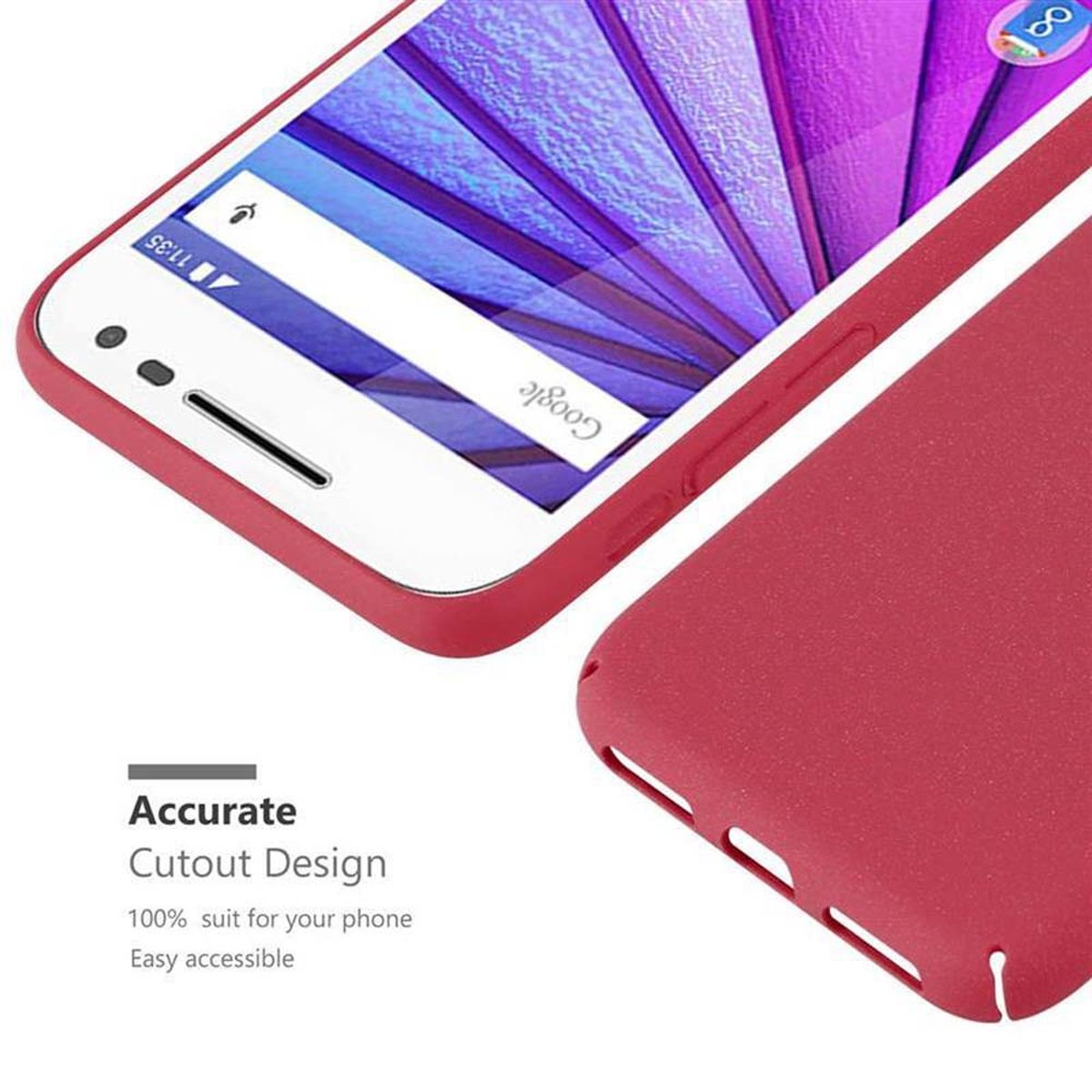 Un telefono rosso in una custodia rossa. La custodia è su una superficie bianca. Testo: 'Accurate Cutout Design'.