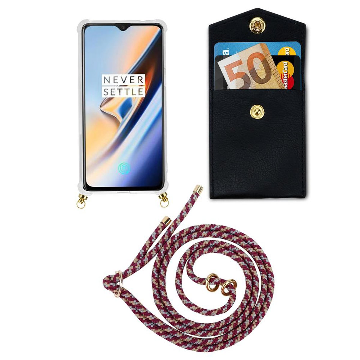 CADORABO Handy Kette OnePlus, WEIß Gold 6, mit Backcover, abnehmbarer Ringen, ROT Hülle, und Band GELB Kordel