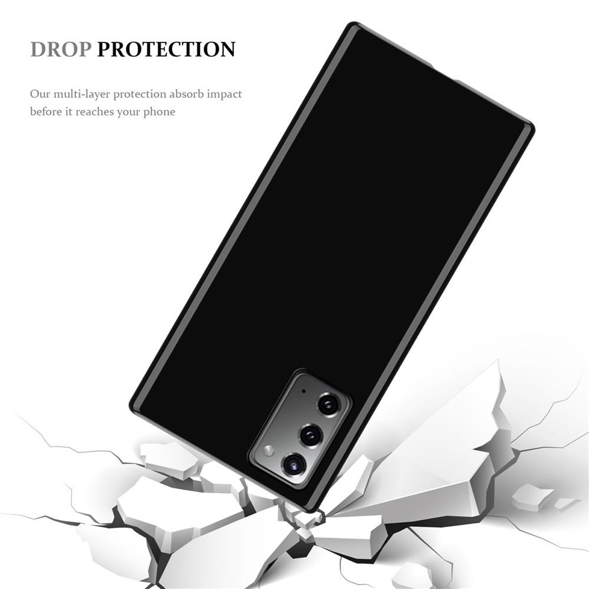 Un telefono nero su una superficie bianca e incrinata. Il testo recita 'DROP PROTECTION' e 'La nostra protezione multistrato'.