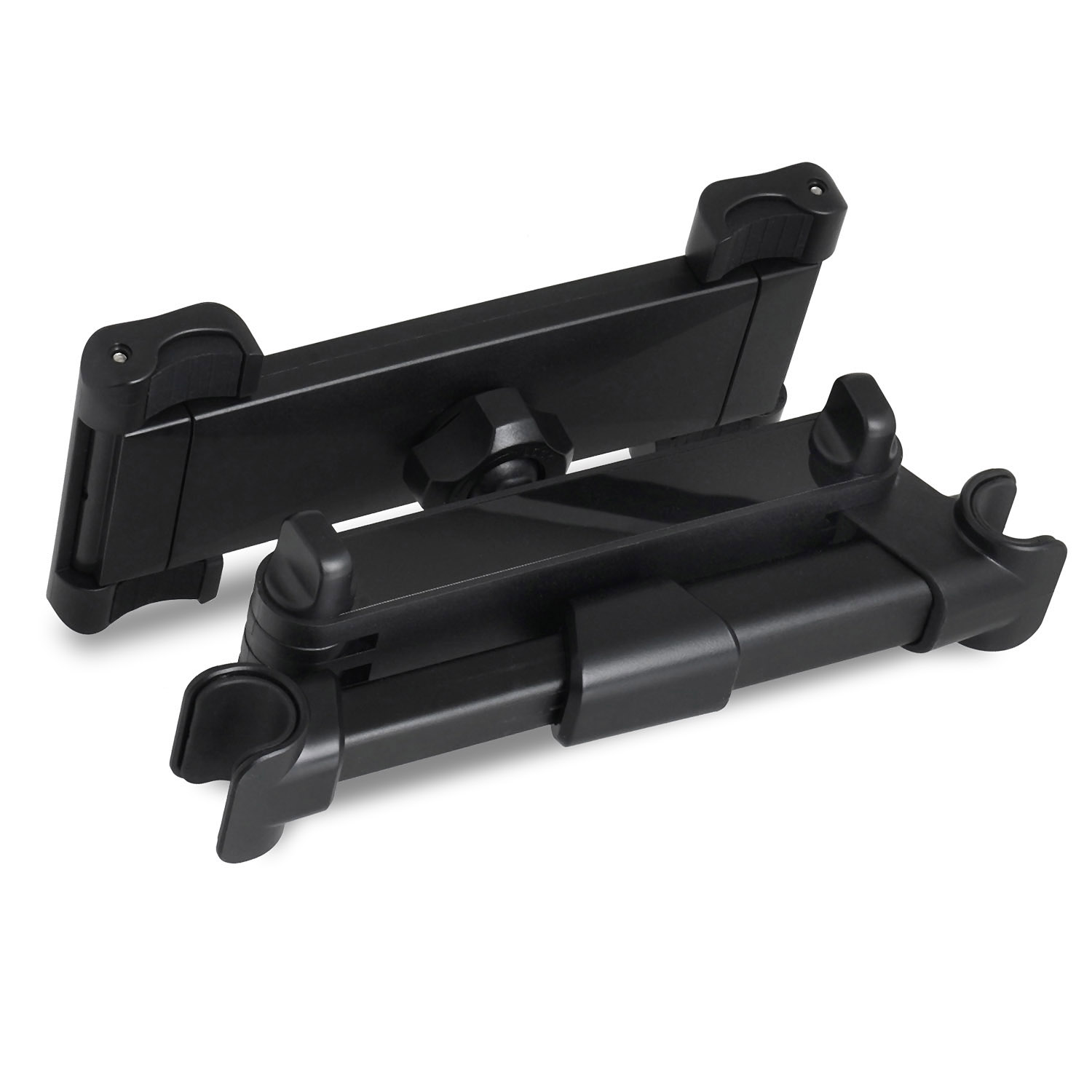 Schwarzer Tablethalter. Er besteht aus Kunststoff und hat verstellbare Arme und ein Drehgelenk.