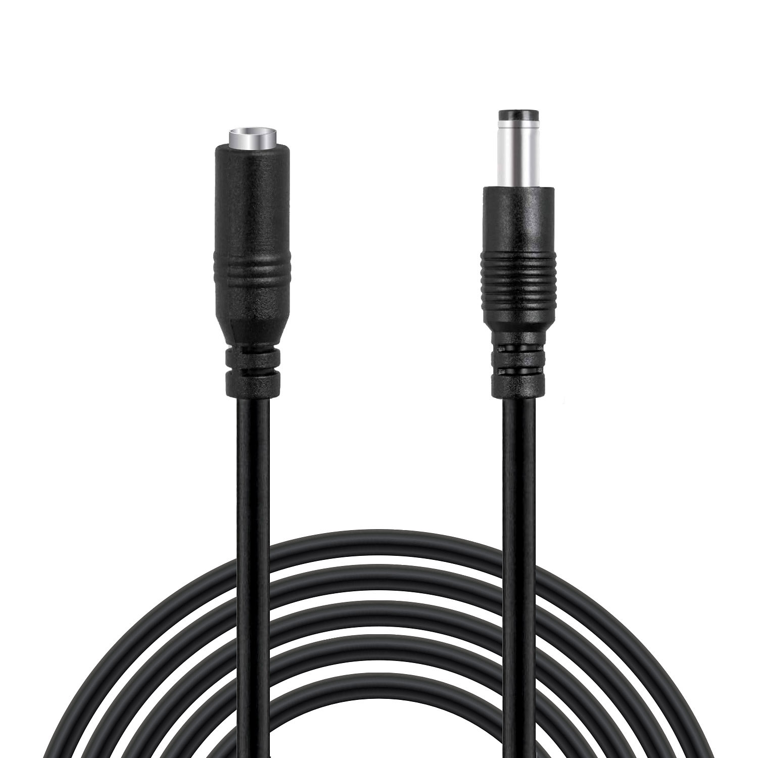 Schwarzes Kabel mit zwei Enden, eines für Eingang und eines für Ausgang, weißer Hintergrund.