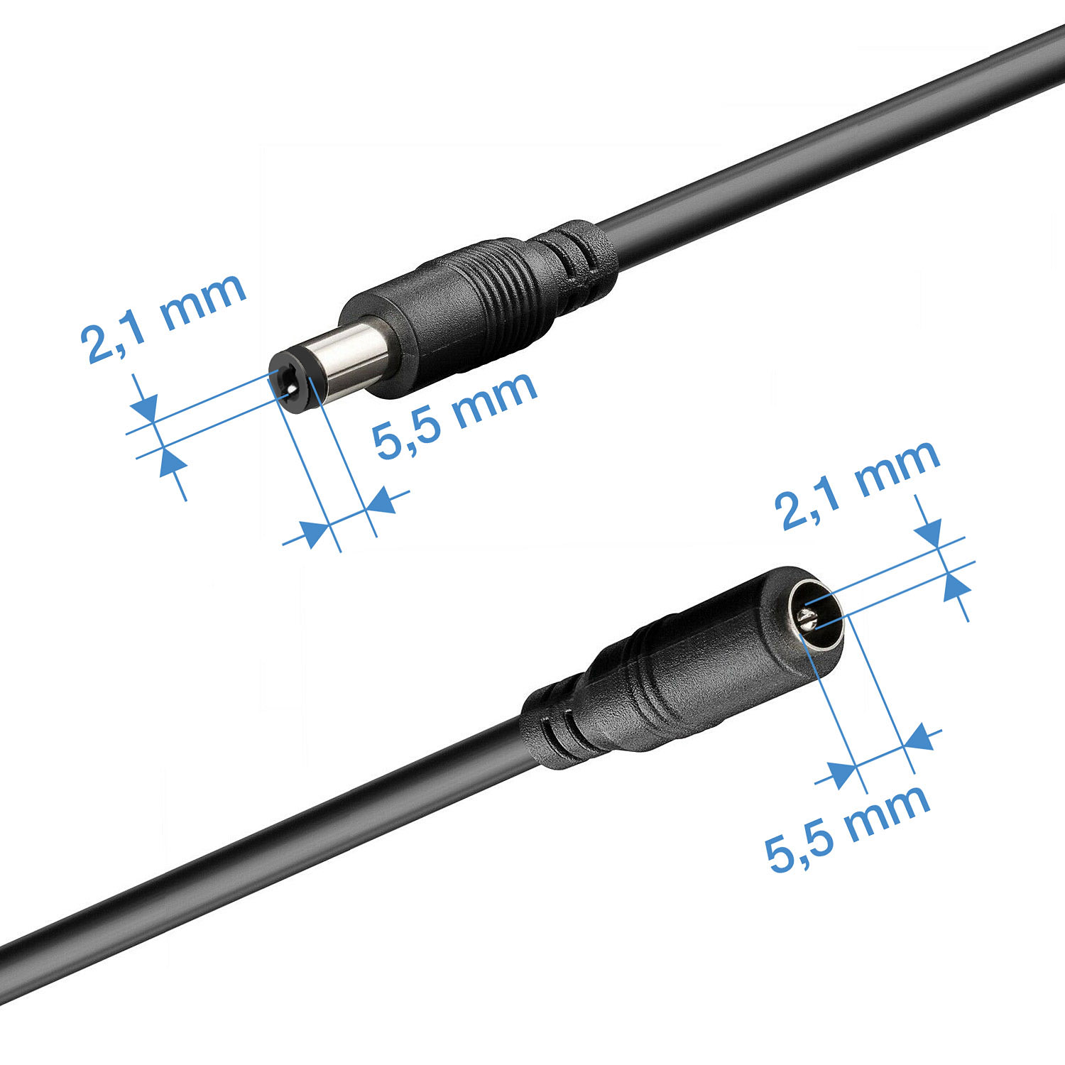 Zwei schwarze Kabel mit angegebenen Abmessungen.