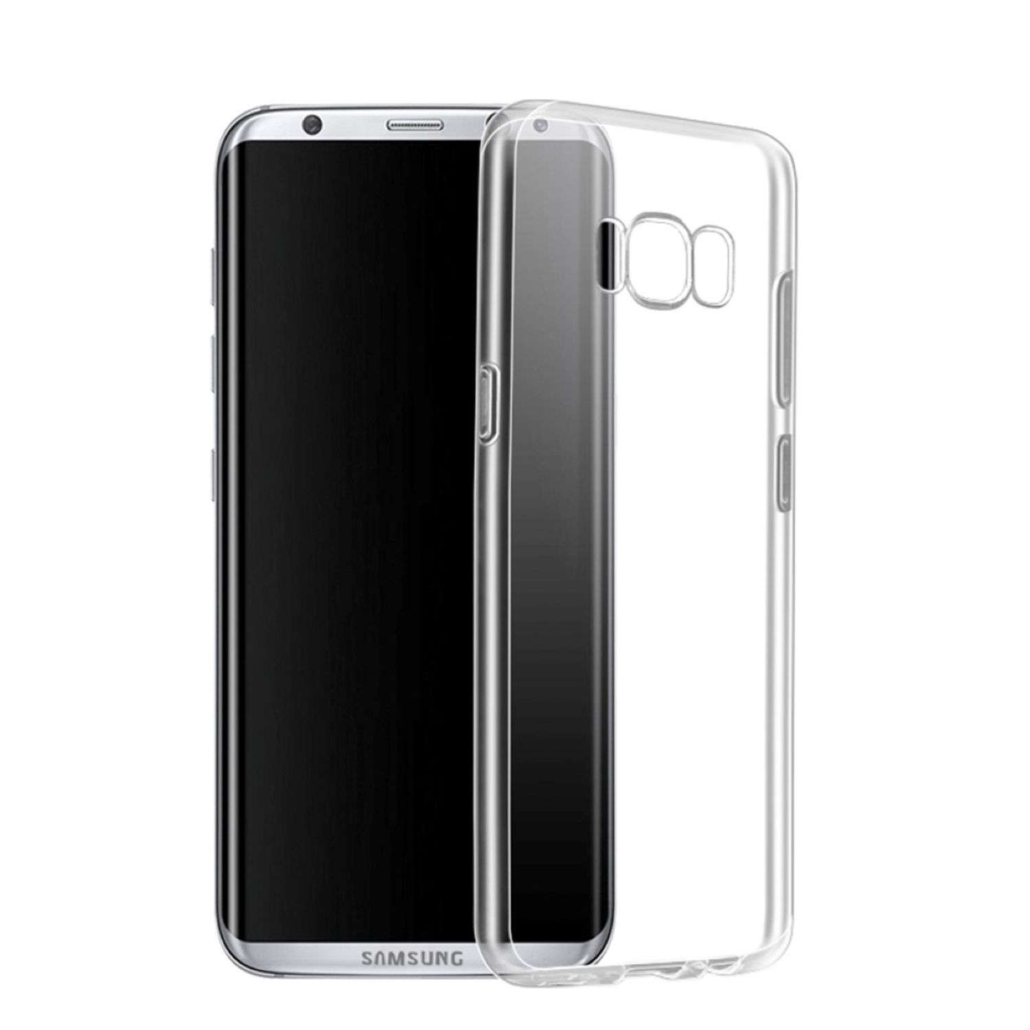 Transparente Handyhülle auf weißem Hintergrund. Das Telefon ist in der Hülle sichtbar.