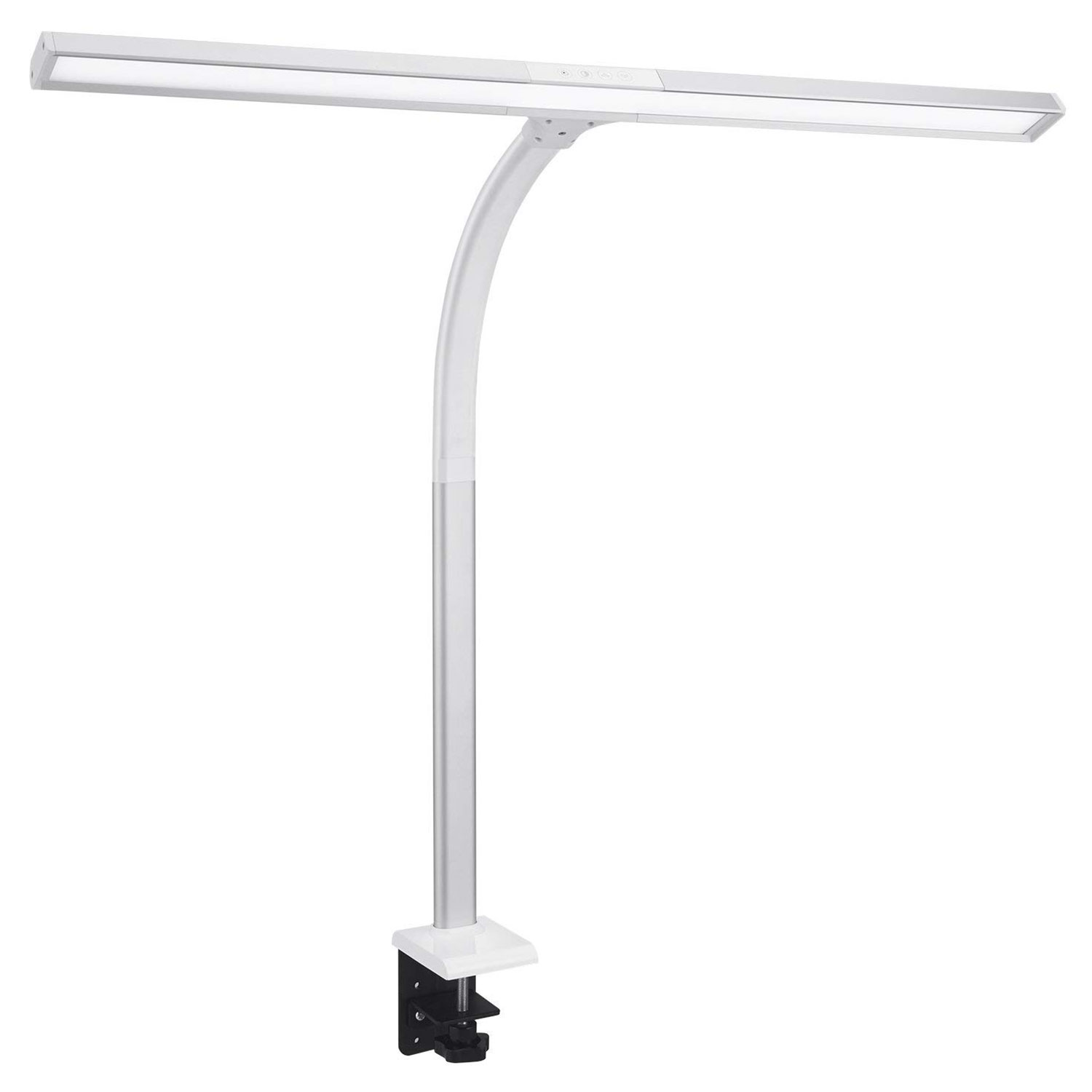 Una lampada da scrivania bianca con braccio curvo e base a clip. È accesa, con una luce intensa.