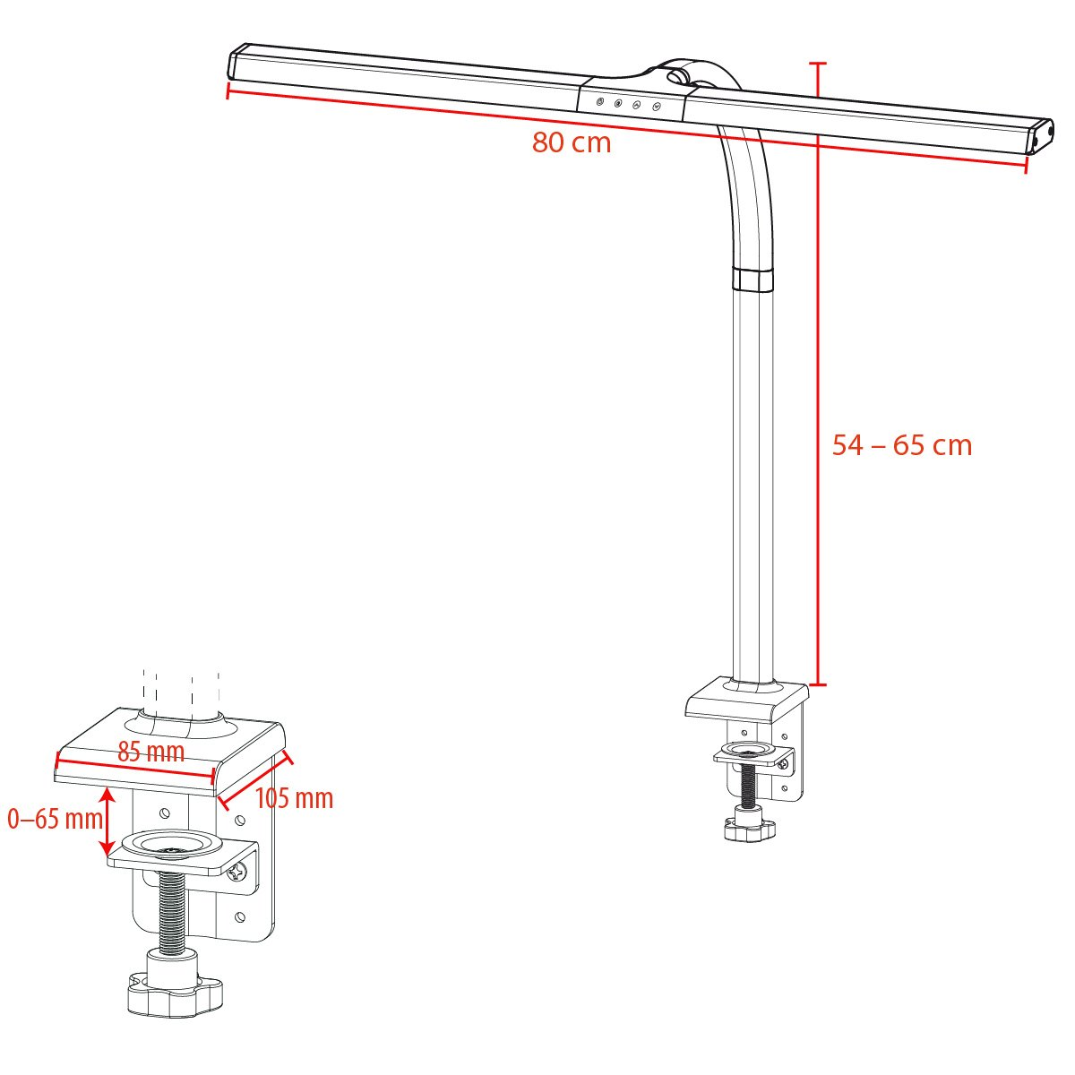 Eine Schreibtischlampe mit angegebenen Abmessungen. Die Lampe ist schwarz und hat eine Klemme.