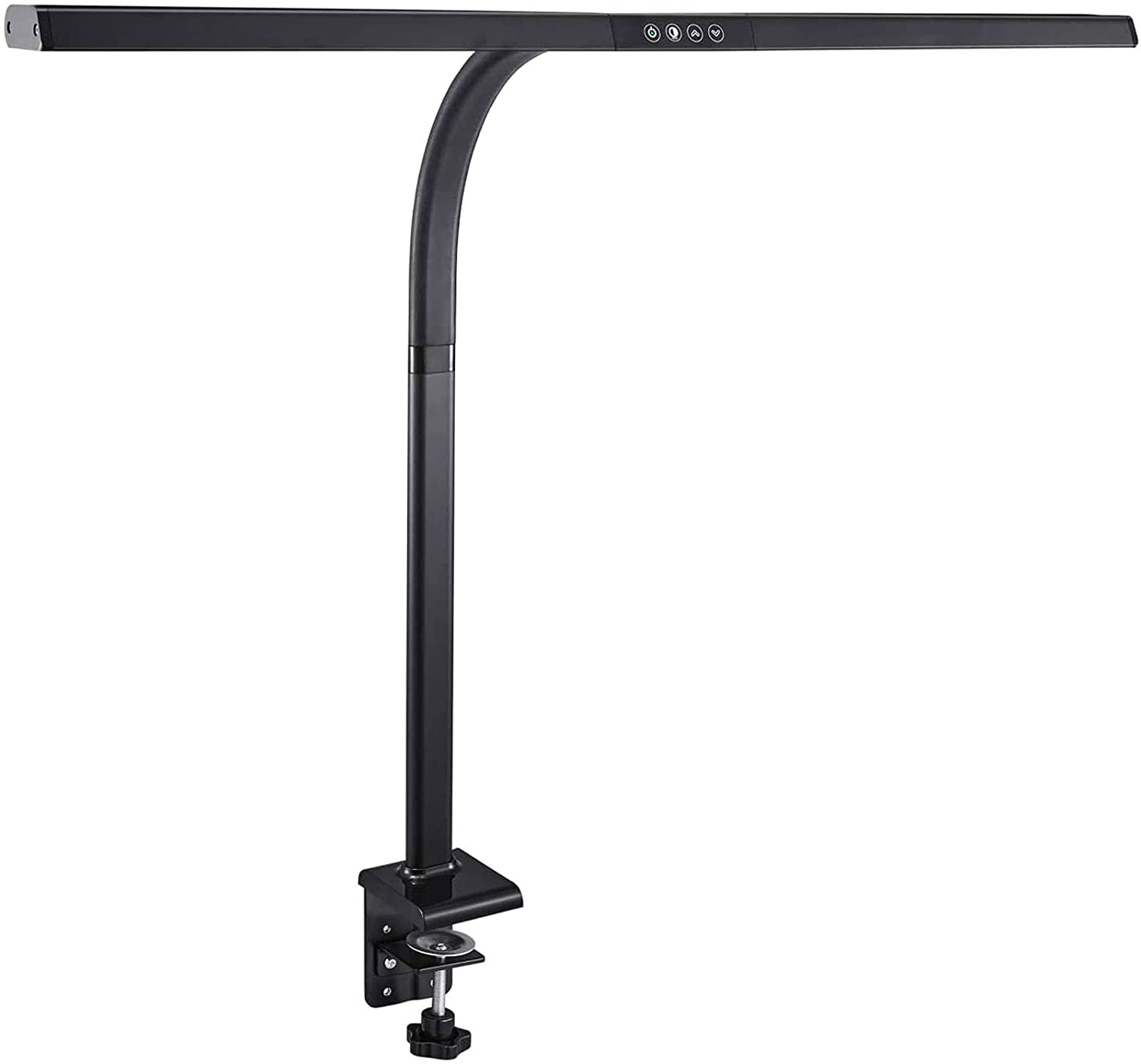 Schwarze Schreibtischlampe mit langem, gebogenem Arm und Klemmfuß. Mehrere Knöpfe oben.