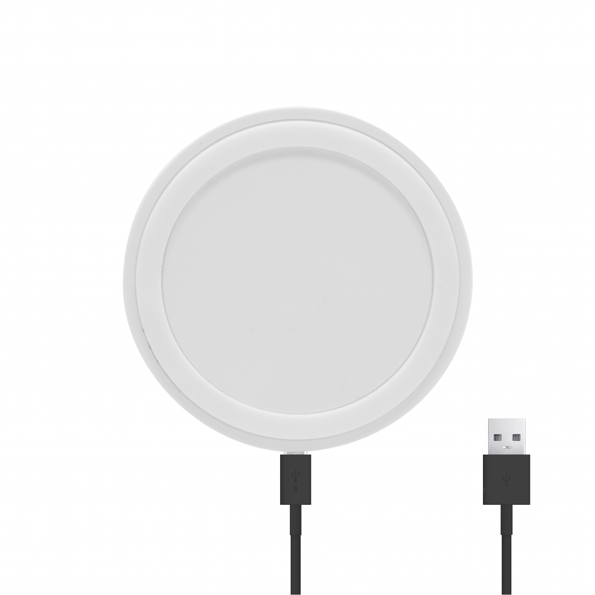 Cargador inalámbrico circular blanco con un cable USB conectado. Fondo blanco.