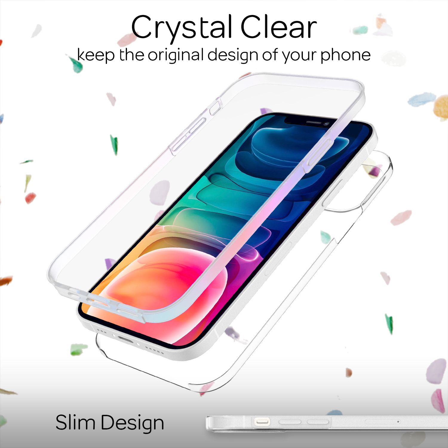 Ein Telefon mit transparenter Hülle, das das ursprüngliche Design hervorhebt. Es ist ein schlankes Design.