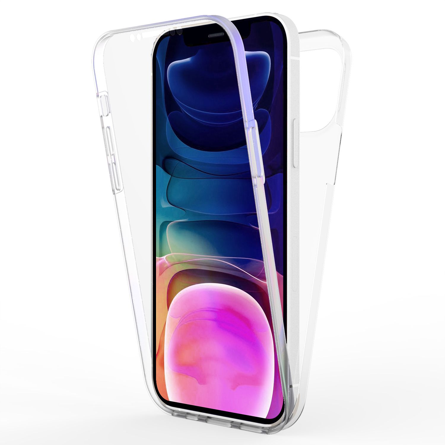 Transparente Handyhülle, zweiteilig, um ein Telefon. Weißer Hintergrund, Telefon sichtbar.