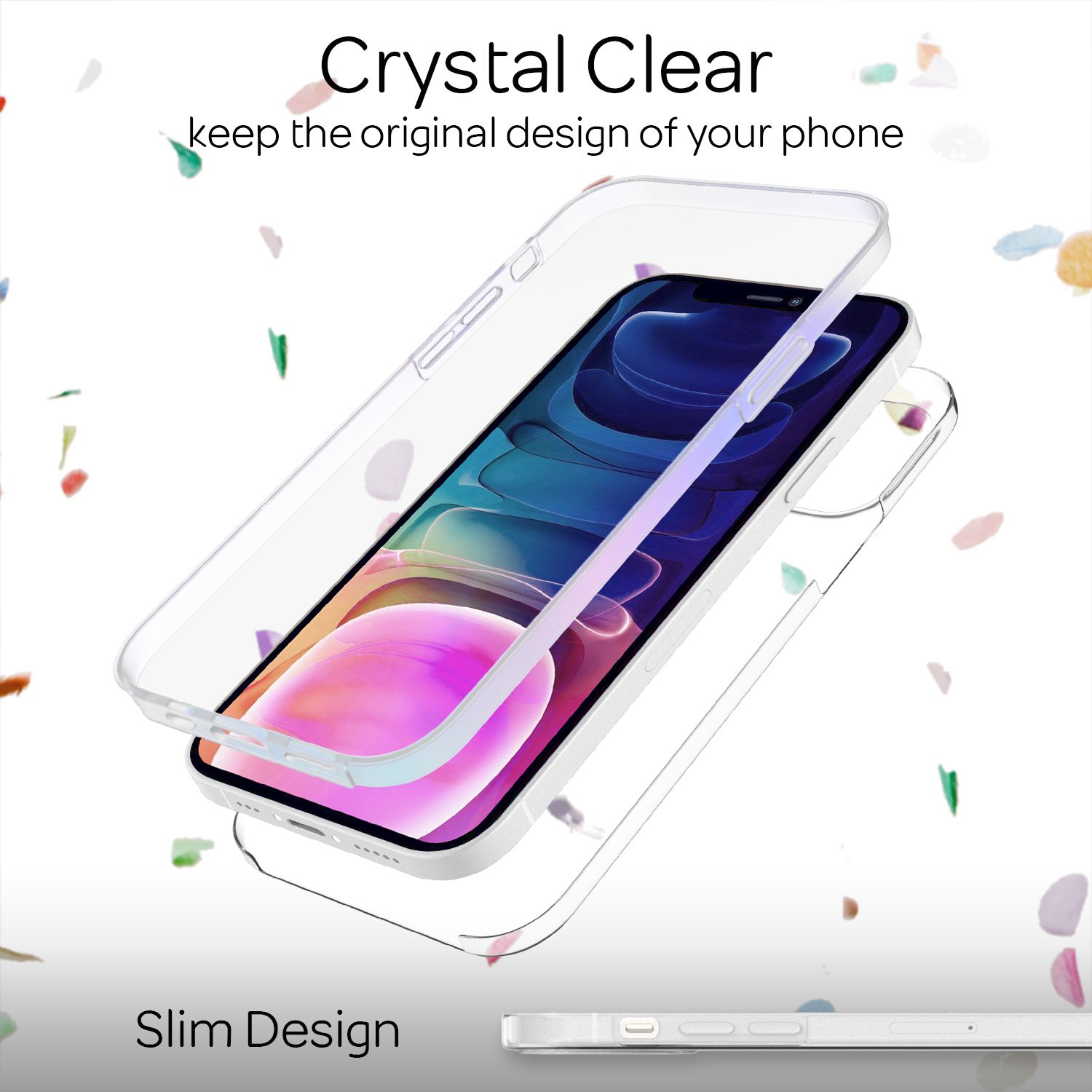 Eine transparente Handyhülle, offen mit einem Telefon darin, das das ursprüngliche Design zeigt.